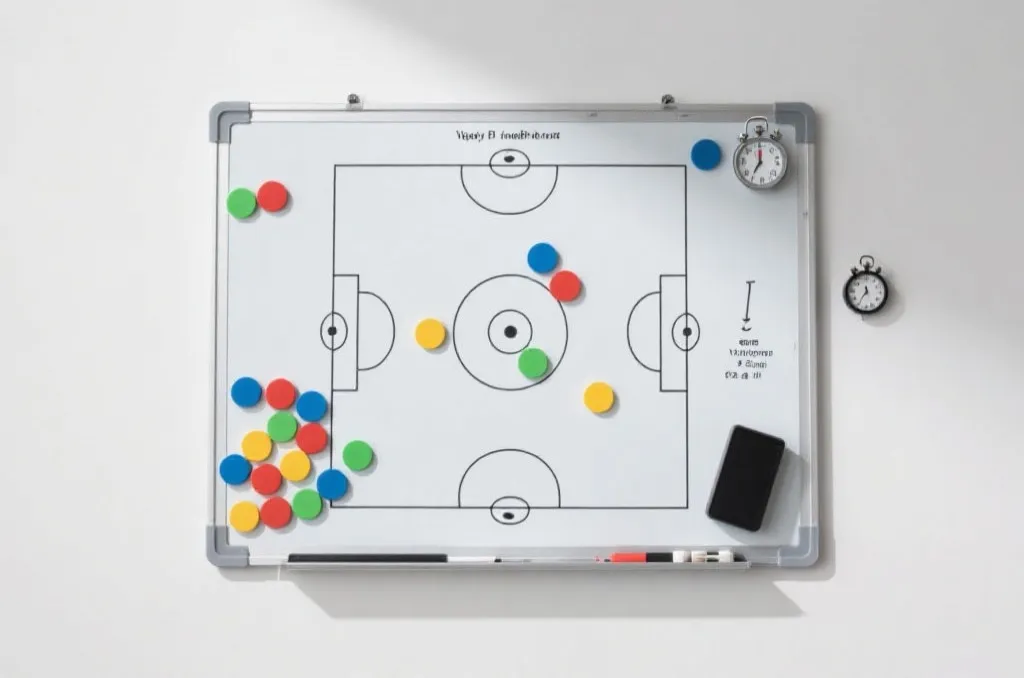 A tactical analysis board with colorful magnets and soccer field lines