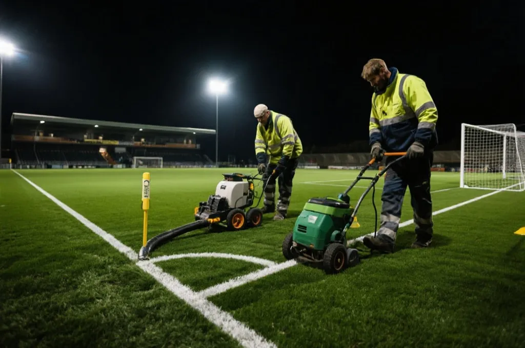 维护人员在非比赛时段使用高科技设备修复草坪